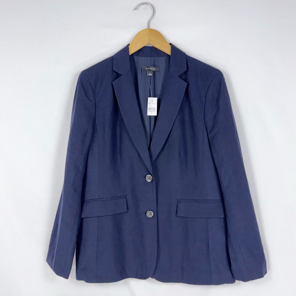Ann Taylor Classic Linen Blend Blazer Jacket Women's 6 Navy Blue